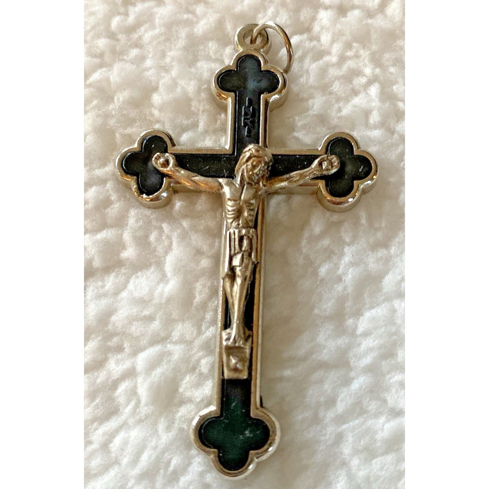 Vintage Estate Dark  Blue Enamel 2.25" Crucifix Cross Pendant Silver Tone Italy